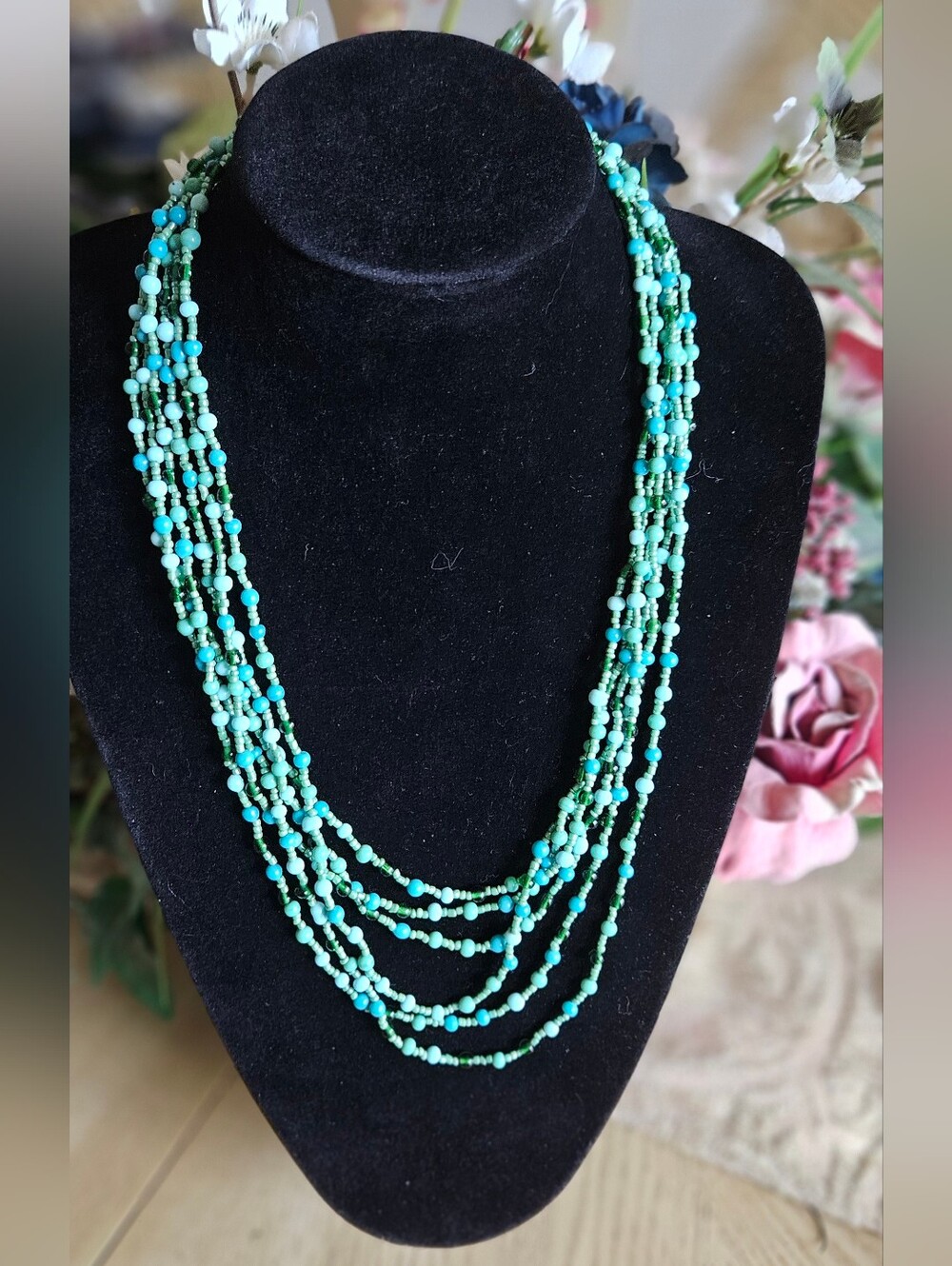 ​Multi-Strand Teal & Turquoise Seed Bead Layered Statement Necklace